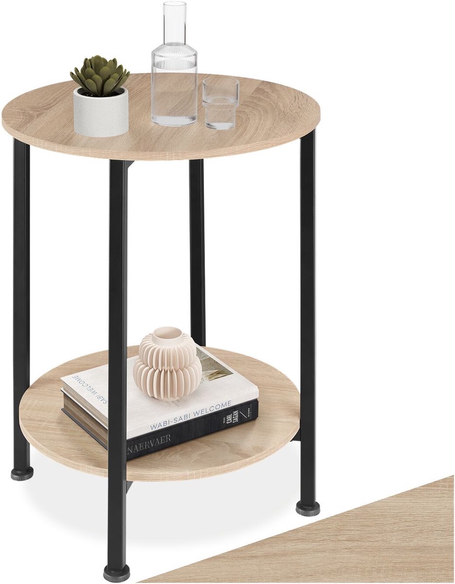 tectake® Ronde Bijzettafel van Hout en Metaal – Industrieel Design, Salontafel met 2 Legplanken, Ø 45x64 cm, Voor Woonkamer of Slaapkamer, Zwart Metalen Frame – Licht Sonoma Eiken