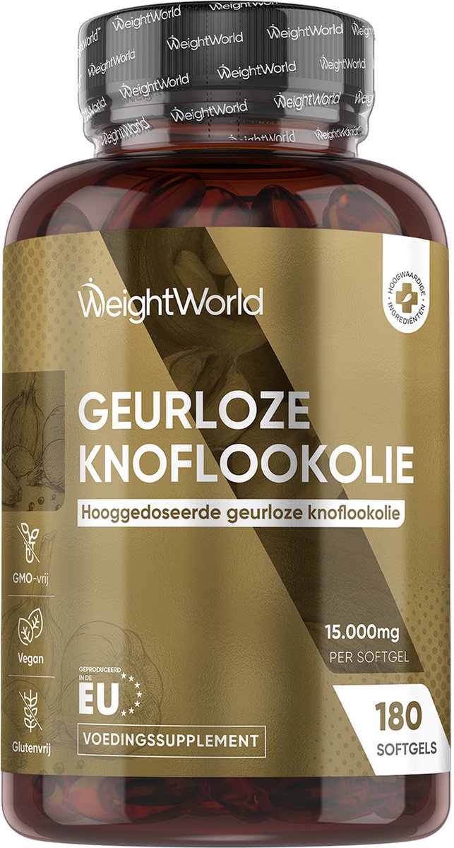 WeightWorld Geurloze Knoflookolie softgels - 15.000 mg - 180 vegan knoflook softgels voor 6 maanden - Geur- en smaakloos