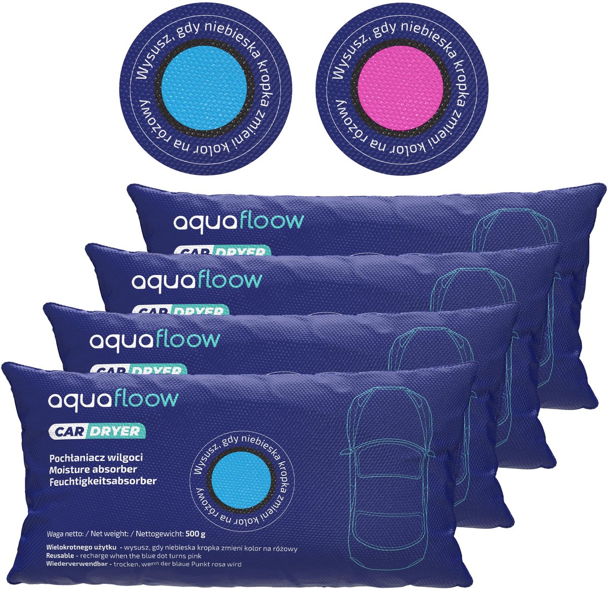 Aquafloow, ontvochtiger 500g, auto luchtontvochtiger, vochtopnemer, herbruikbaar, silicagel, elimineert mistige voorruiten, silicagel-vochtvanger, 4 stuks