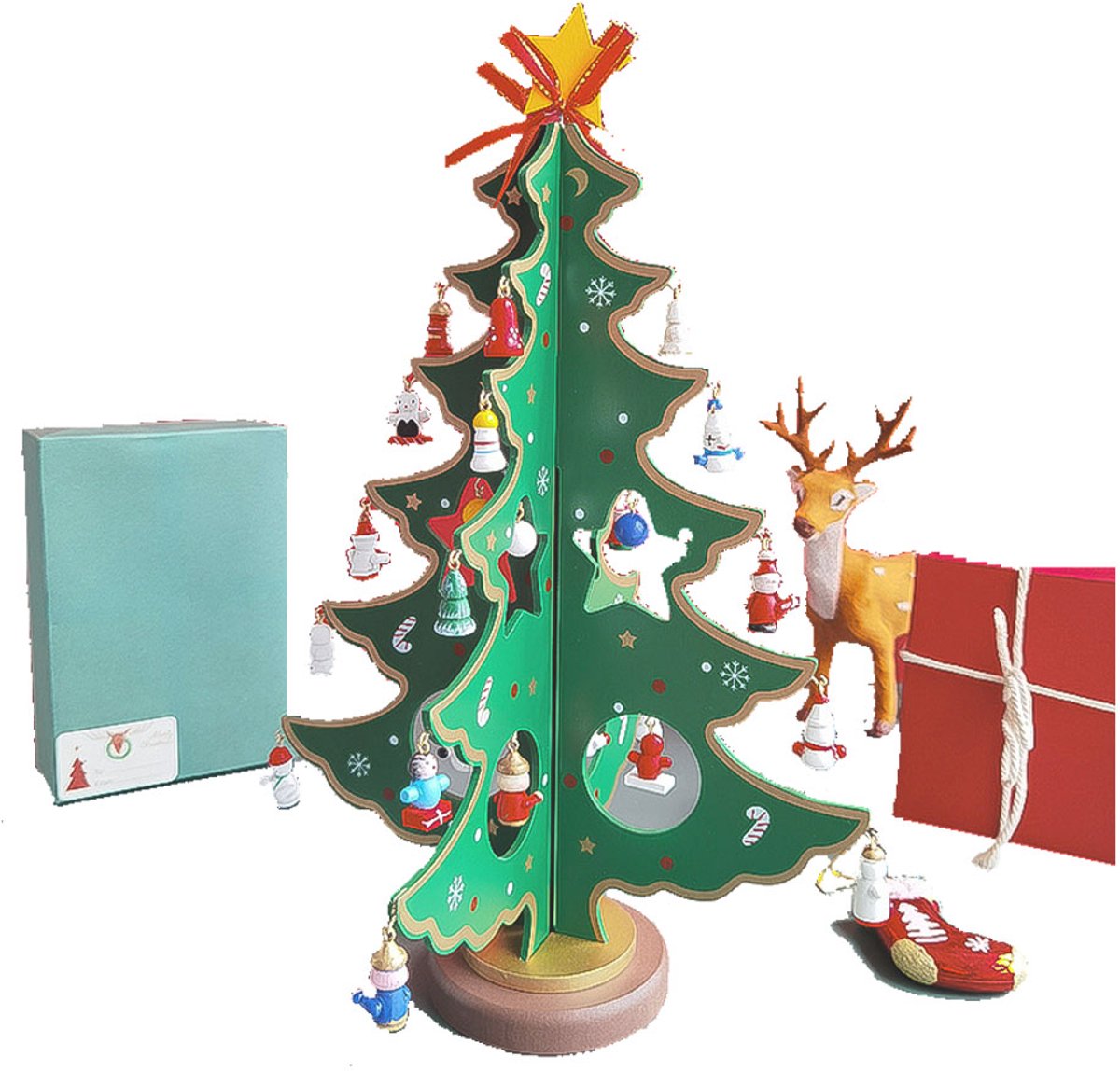 Houten kerstboom adventskalender met mini-ornamenten - 31x25x3 cm - Kersttafeldecoratie - Merkloos