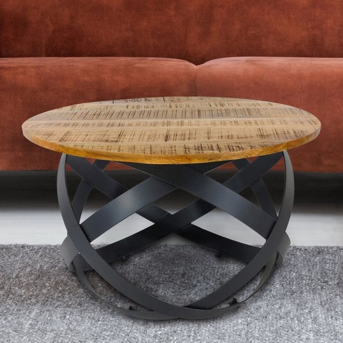 Salontafel Bijzettafel Orbit rond massief hout metalen frame zwart Diameter 75cm Hoogte 45cm