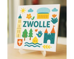 Tegeltje Zwolle- 15×15 cm – Keramiek – Decoratief Souvenir – Inclusief Transparante Houder / Ezel – Cadeau - Tegeltjes met tekst