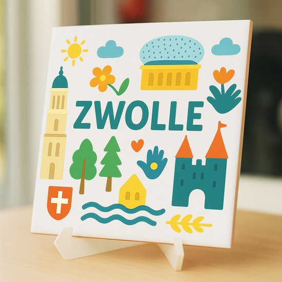 Carreau Zwolle - 15×15 cm - Céramique - Souvenir décoratif - Avec support/chevalet transparent - Cadeau - Carreaux avec texte
