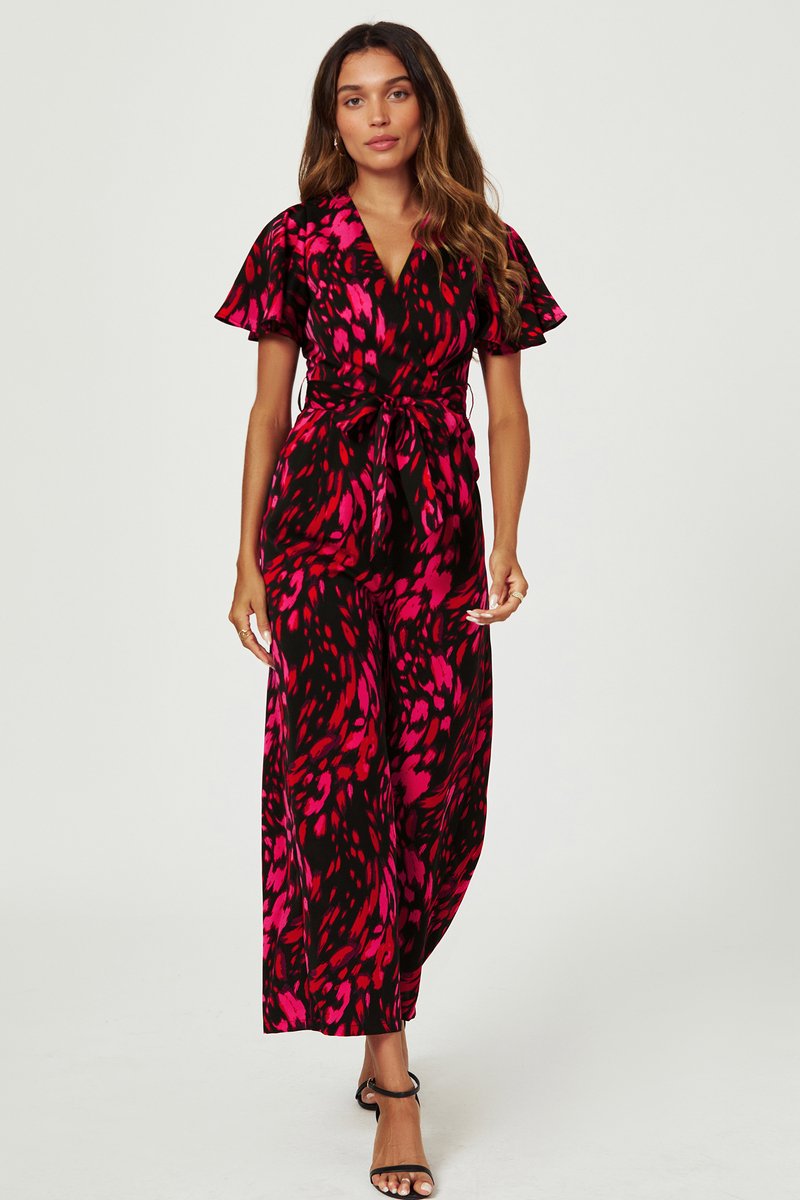 Roze jumpsuit met abstracte print en wikkeltop in zwart