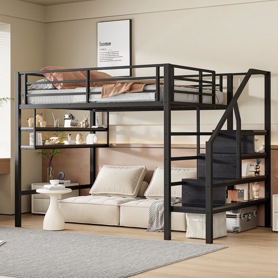 Lit mezzanine 140x200 cm - étagère de rangement - échelle de rangement - espace libre sous le lit pour s'habiller - barres de sécurité - sans matelas - noir