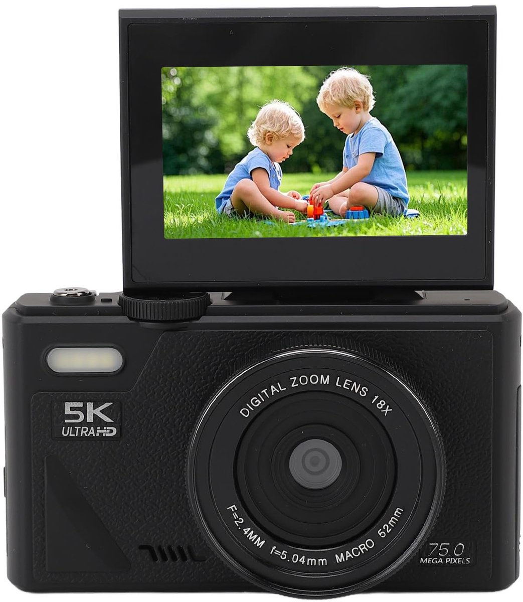 5K Digital Camera, 75MP Vlogging Camera, with 18x Zoom, 3 Inch Flip Screen, HD Compact Camera, for Travel Photography (BLACK)