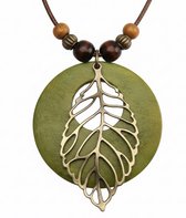 Collier pendentif rond vert pour femme avec perles marron et cordon réglable – pendentif fantaisie