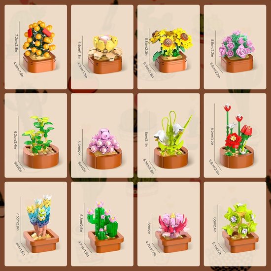 Kit de construction de plantes succulentes CUBIMANA 12 pièces - 1403 Mini -briques 3,6 mm - Collection de Fleurs vibrantes - Bouwstenen Plantes décoratives pour la maison - Cadeau créatif à DIY pour Adultes et Enfants de 10 ans et plus