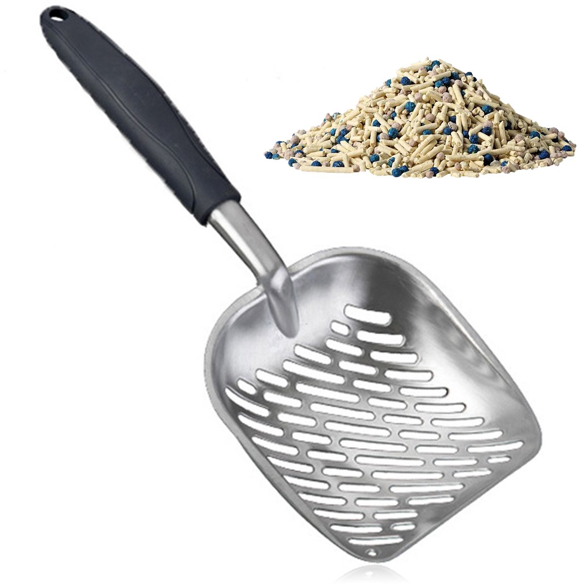 Ynkkvre - Kattenbak Schep - Duurzaam Aluminium Metalen Schep met Ergonomisch Rubberen Handvat - Voor Huisdieren, Katten en Honden - Met Diagonale Strepen