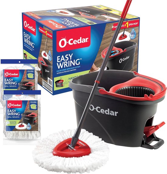 Serpillière O-Cedar à rotation avec seau rouge et gris et trois recharges