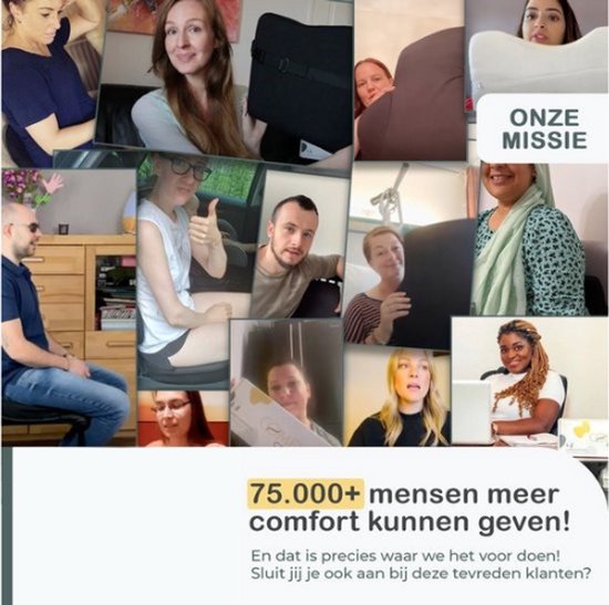 Collage van mensen die het rugkussen gebruiken en hun tevredenheid tonen.