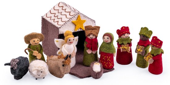 Mini Kerststal van vilt hoogte 15 cm - rood-groen - 12 delig