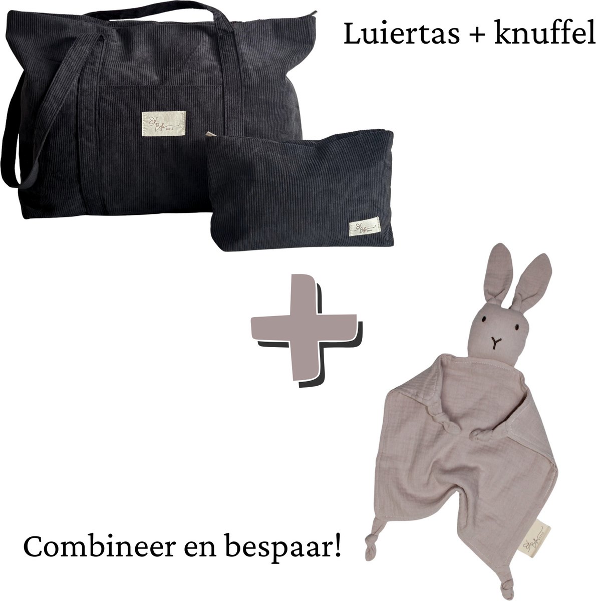 Bella Sofia® - Dames Schoudertas + Soof het Knuffelkonijn – Zwarte Rib Stof Mom Bag met Toilettas met Knuffeldoekje Beige - Veelzijdige Shopper en Luiertas met Rits - Biologisch Katoenen Hydrofiel Speendoekje – Kraamcadeau – Babyshower Cadeau
