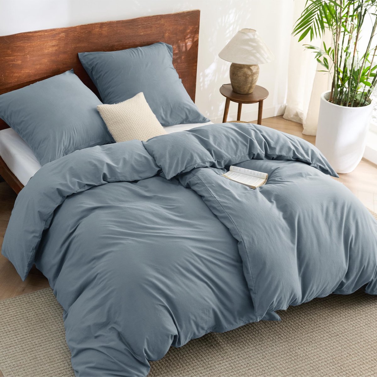 Ibenzoa Elegante katoenen beddengoedset met ademend comfort en praktische details grijsblauw