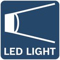 Blauw pictogram met witte lijnen die licht uitstralen en de tekst 'LED LIGHT'.