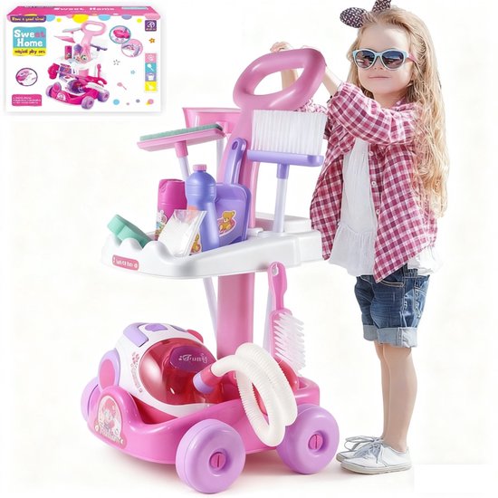 XL Schoonmaakset Kinderen - Montessori Speelgoed Stofzuiger en Schoonmaaktrolley - Schoonmaakset Speelgoed voor Kinderen - Speelgoed Stofzuiger en Accessoires - 3 tot 6 Jaar - 11 Delig