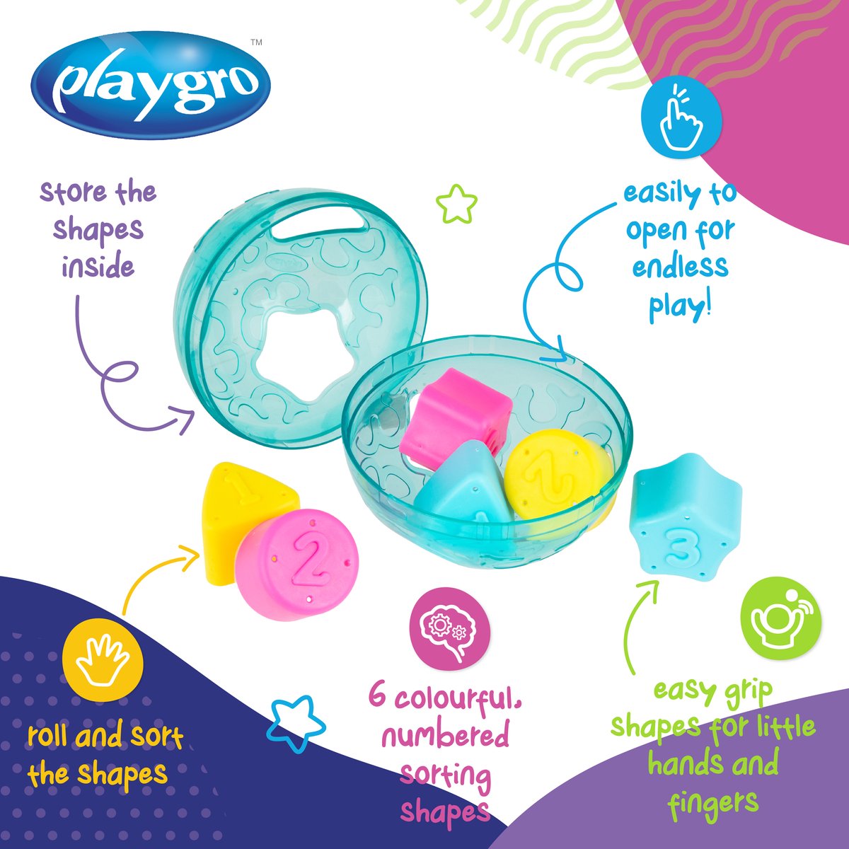 Playgro Roll and Sort Ball - Baby bal - vormsorteerder - Baby speelbal - Speelgoed Baby - Speelgoed 1 jaar - Educatief baby speelgoed - Bal voor baby - motoriek baby - Baby rammelaar - interactief baby speelgoed - inclusief zachte blokken — afbeelding 3