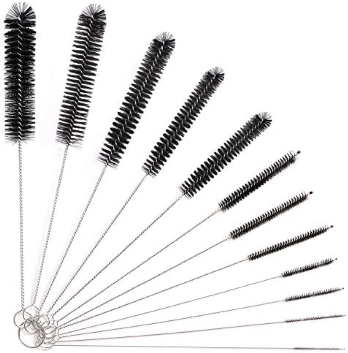 Allecto Plus - Reinigingsborstels Set van 12 stuks voor Flessen, Melkslangen en meer - Nylon Borstelset 21 cm - Geschikt voor Theepot, Espressomachines en Rietjes - Zwart
