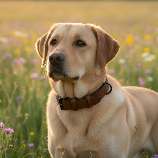 Een blonde labrador retriever met een bruine leren halsband, kijkend in een zonnige bloemenweide.