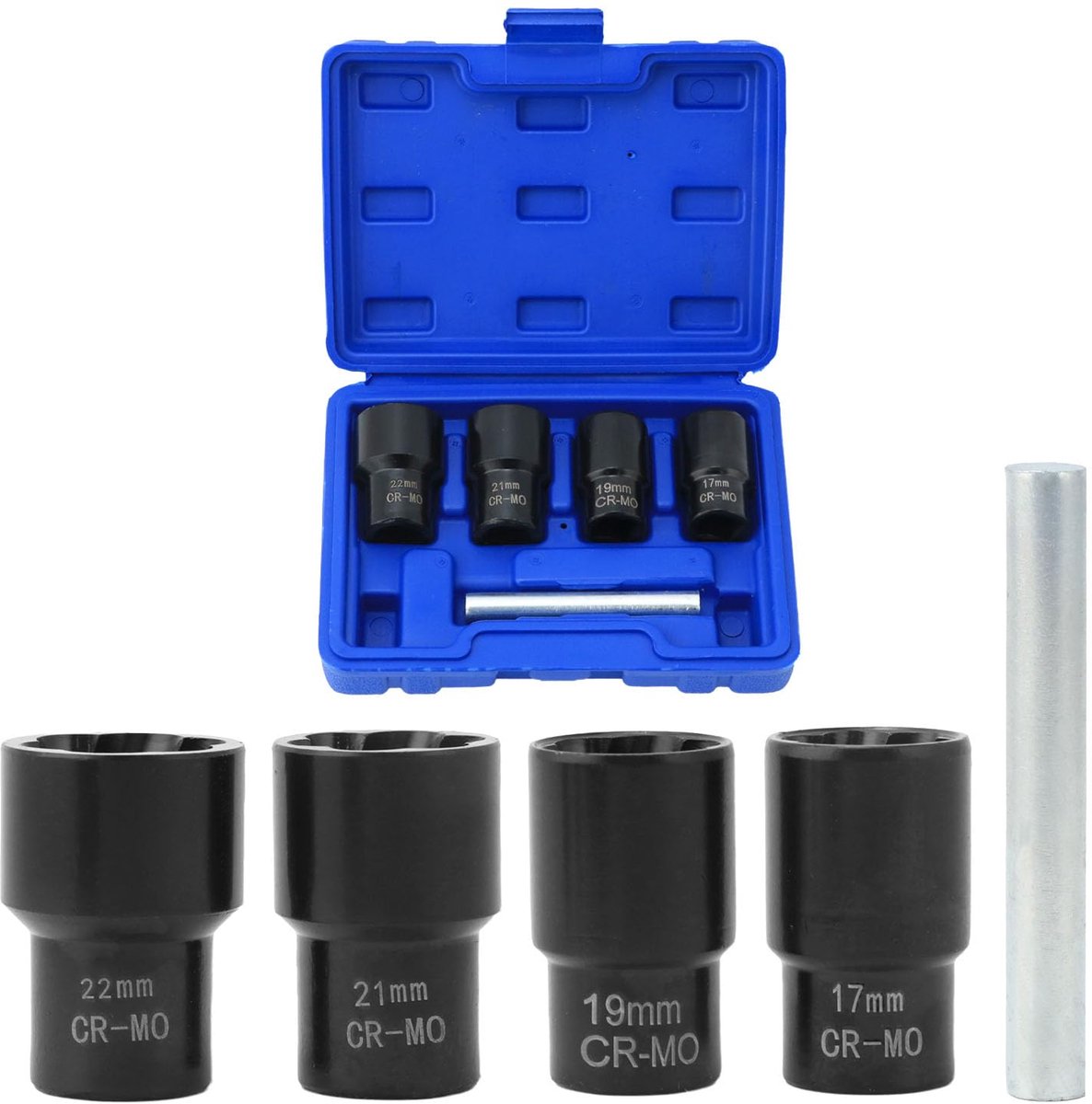 5-delige moerverwijderaarset, wielmoerverwijderaar, voor beschadigde schroeven en wielmoeren, dopsleutel 17 mm, 19 mm, 21 mm, 22 mm