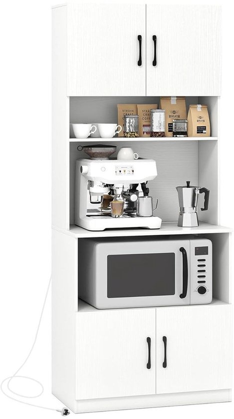 VASAGLE Keukenrek met stekkerdoos, koffiebar met werkblad 90 cm hoogte, magnetronhouder met 8 haken, 40 x 60 x 170 cm, rustiek bruin en inktzwart KKS058K02