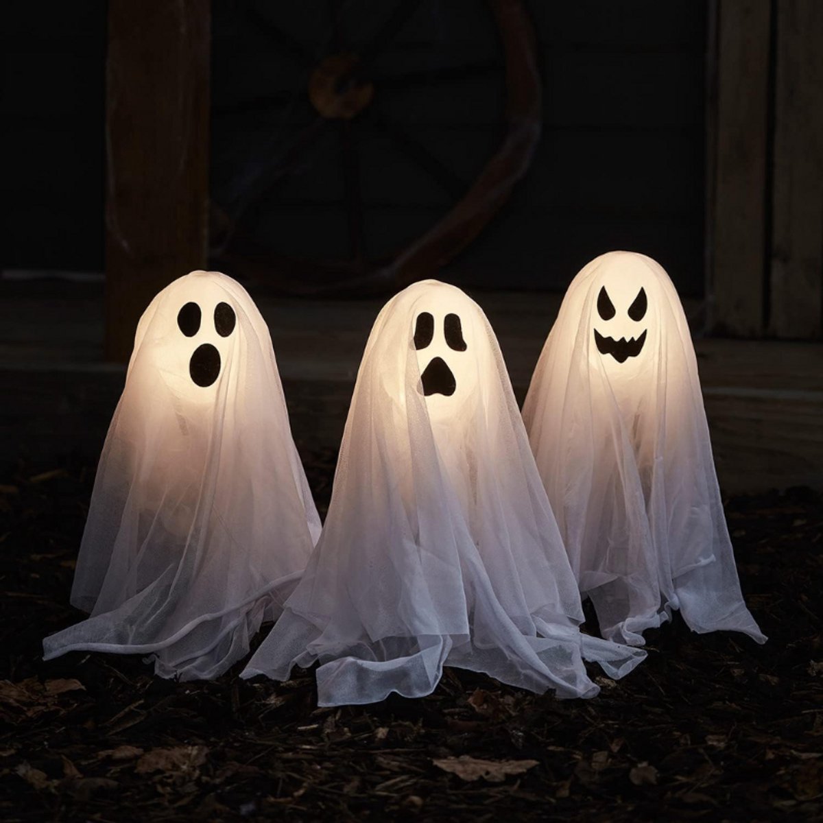 Halloween Paallampjes Set Van 3 Met Spoken - LED Tuindecoratie 40 Cm - Griezelige Halloween Verlichting Voor Buiten En Gazon