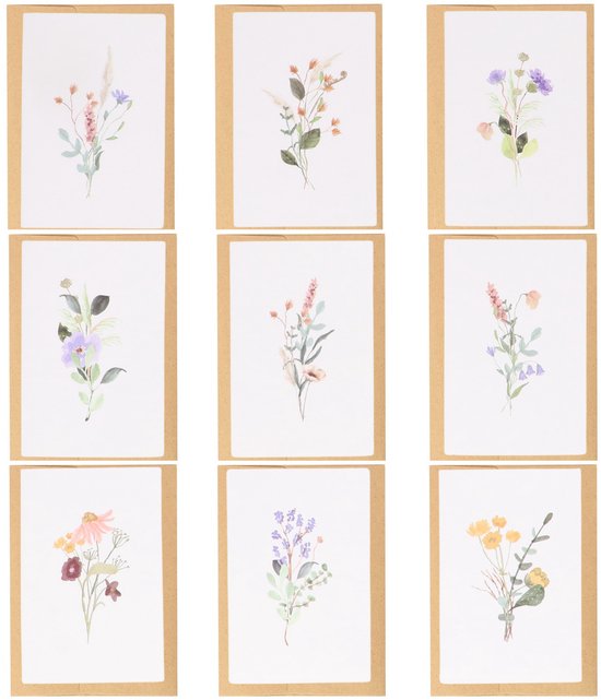 Partizzle 36x Droogbloemen Wenskaarten met Enveloppen Set - Zonder Tekst - Mooie Botanische Ansichtkaarten Versturen - Huwelijk Bruiloft Trouwkaart Rouwkaarten en Felicitatie - Aquarel Floraal / Bloemen / Natuur - 15x10 cm