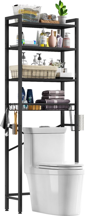 Étagère de rangement pour toilettes à 4 niveaux – Étagère de rangement autonome avec étagère et panier réglables, gain de place au-dessus des Toilettes – Zwart