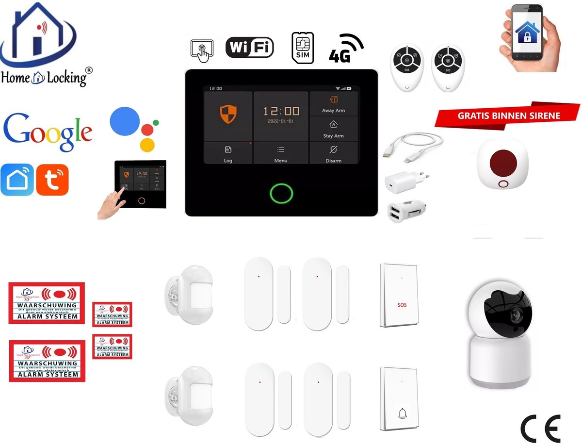 Draadloos alarmsysteem voor woning/camper/boot/caravan werkt met wifi en sim kaart en met spraakgestuurde apps. (Nederlands of Frans stem en tekst) ST01A-A2