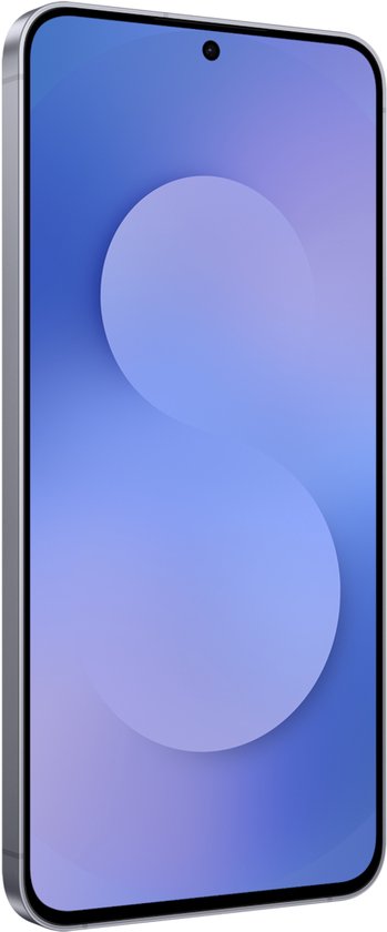 Zilverkleurige smartphone, zijaanzicht. Het scherm toont een groot paars S-vormig patroon.