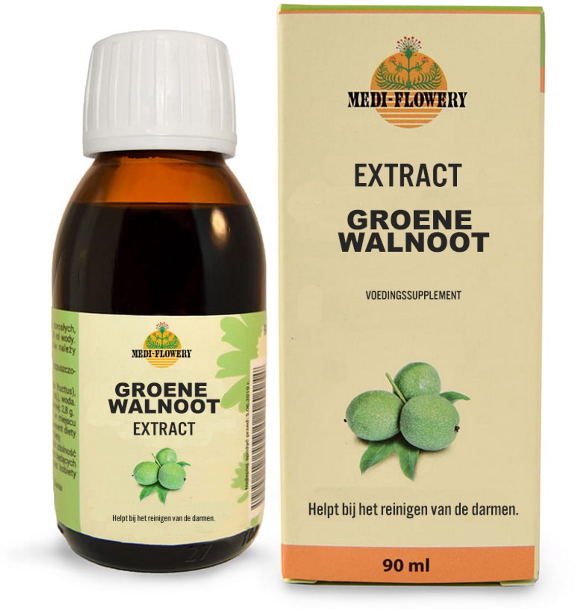 Extract van groene walnootschil. Green Walnut Extract. Nu in een 50% grotere fles. 90 ml. Geproduceerd in de EU. Gezonde darmen.