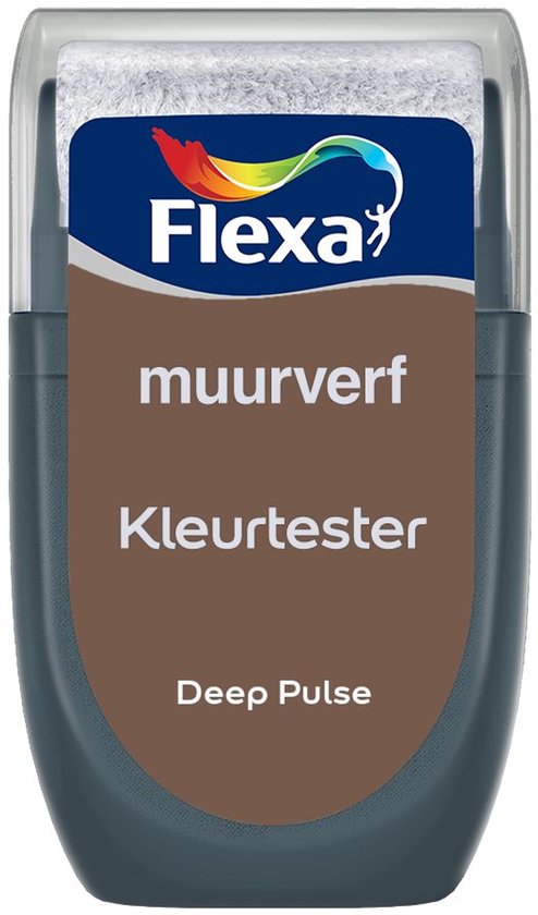 Flexa Kleurtester muurverf Deep Pulse in bruine verpakking.