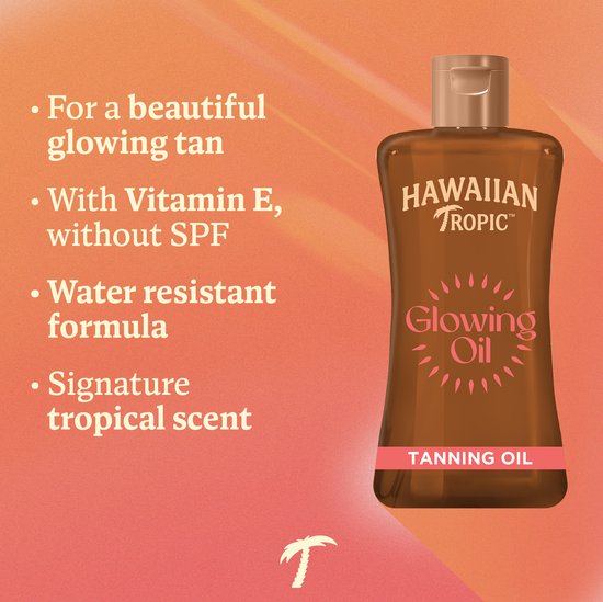 Hawaiian Tropic Glowing Oil Tanning Oil in een amberkleurige fles met een bruine dop.