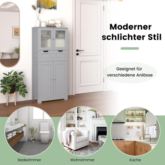 COSTWAY Badkamerkast met 2 laden en 4 deuren, badkamerkast met verstelbare planken, opbergkast voor badkamer, keuken, woonkamer (grijs)