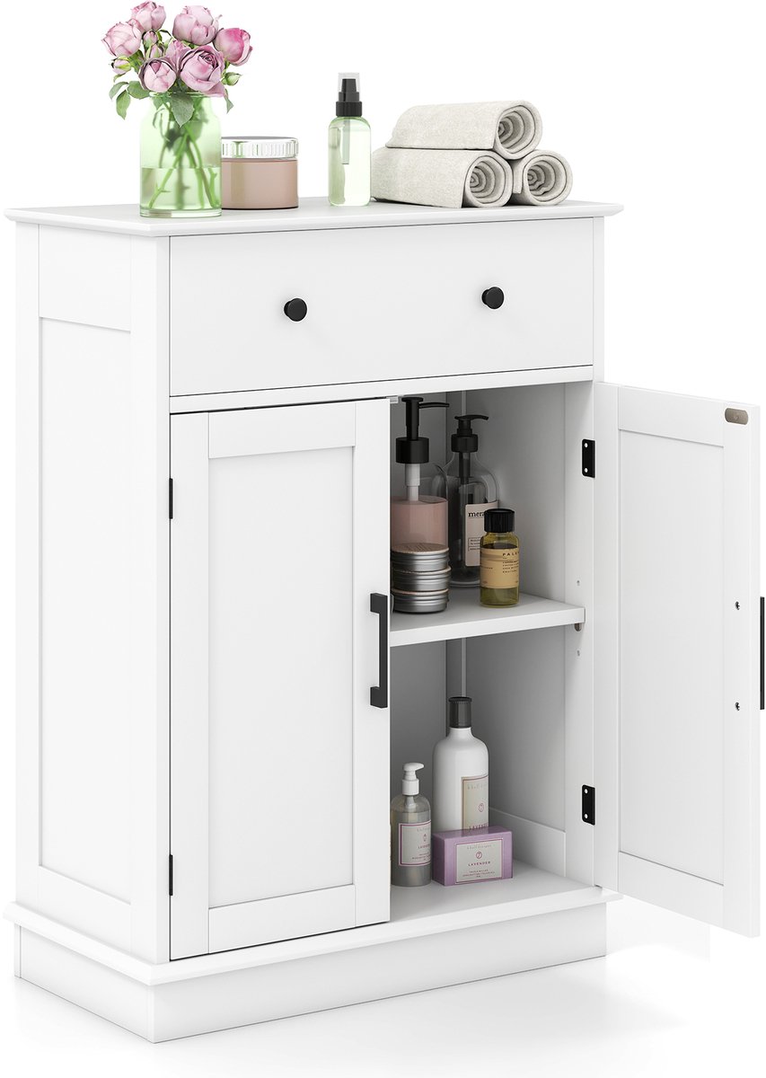 COSTWAY Badkamerkast, badkamerkast met lade, deuren en verstelbare plank, houten commode voor badkamer, woonkamer, slaapkamer en keuken, 56 x 30 x 80 cm (wit)