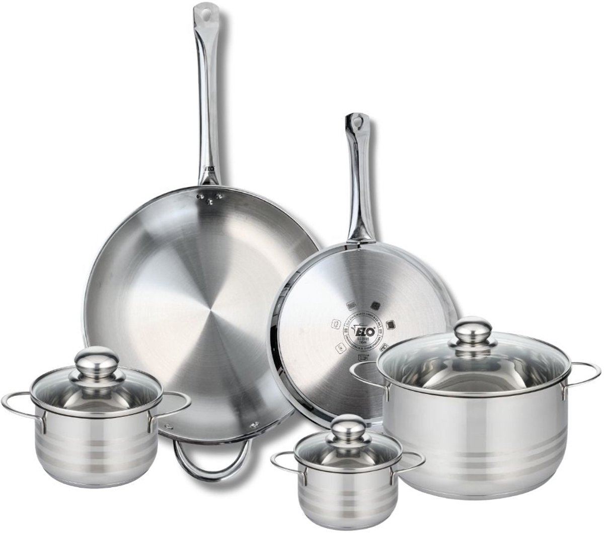Set van 2 Koekenpannen 24 en 32 cm en 3 kookpotten 12, 14 en 20 cm Elo Profi Brillant