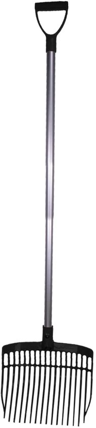 Zwarte kunststof mestvork met aluminium steel en D-handvat.