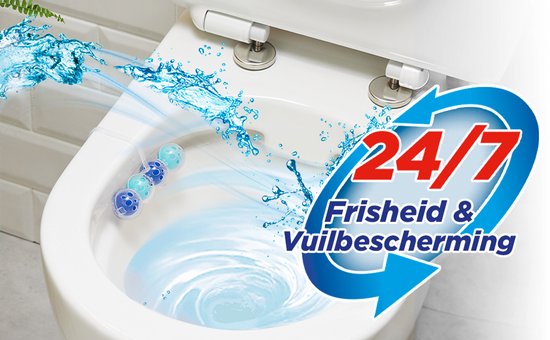Witte Reus Kracht Actief Oceaan wc-blokjes in een toiletpot met opspattend water.
