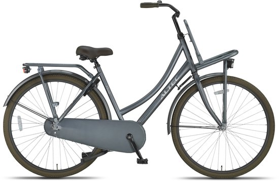 Donkergrijze dames transportfiets met bruin zadel en bruine banden. De fiets heeft een bagagedrager en een voorrek.