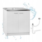 STAMAR - Meuble de cuisine 80x50 sur pied + Évier + Bonde + Fixations - Wit