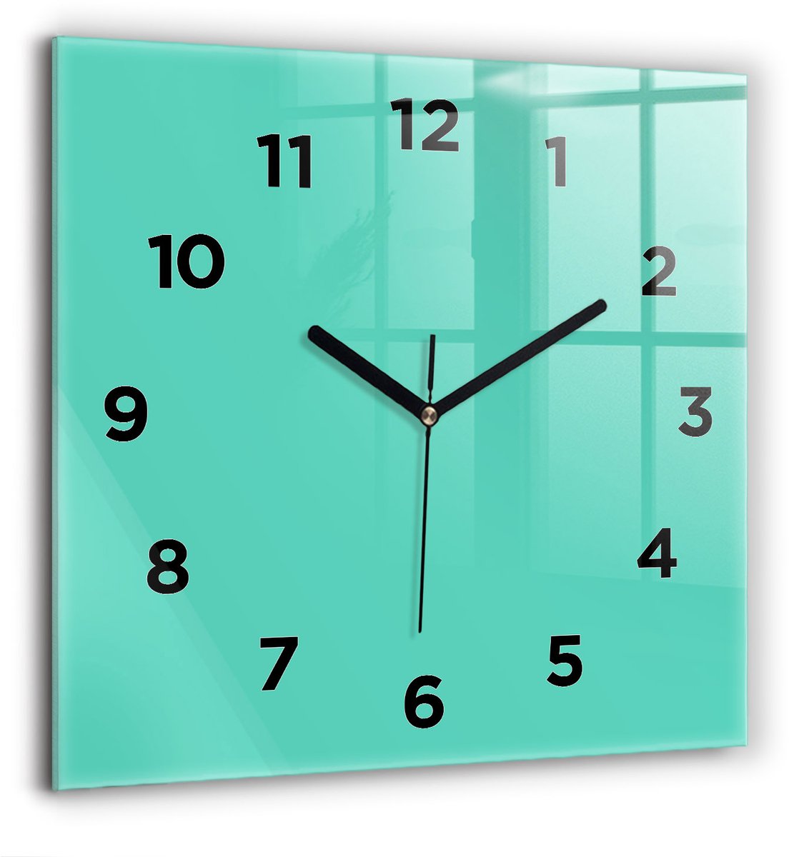 Wallfluent Wandklok - Turkoois Vierkante Glazen Wandklok - 60 cm x 60 cm - Turkoois Wandklok - Zwarte Handen - Wandklok Met Cijfers - Wandklok Glas Woonkamer - Vierkante Glas Klok - Scandinavisch Wandklok - Vierkante Glazen Klok