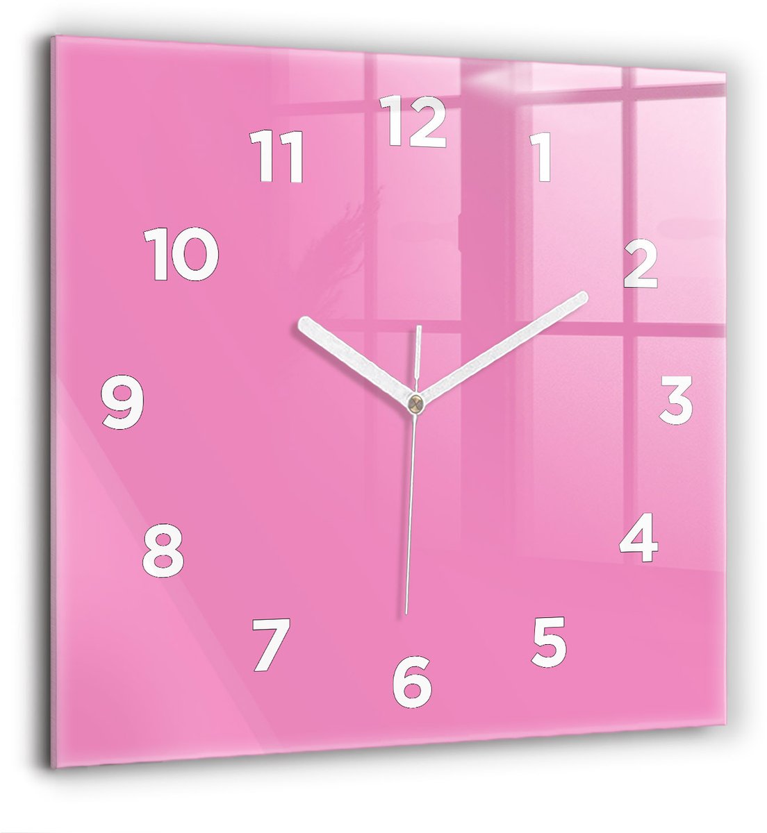Wallfluent Wandklok - Roze Vierkante Glazen Klok - 60 cm x 60 cm - Roze Wandklok - Witte Handen - Wandklok Met Cijfers - Wandklok voor in de Keuken - Vierkante Glazen Wandklok - Industrieel Wandklok - Vierkante Glas Klok