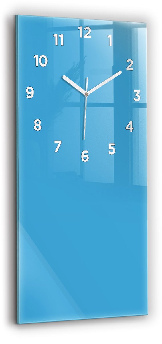Wallfluent Wandklok - Blauw Rechthoekige Glazen Wandklok - 30 cm x 60 cm - Blauw Wandklok - Witte Handen - Wandklok Met Cijfers - Wandklok voor in de Keuken - Glazen Klok Rechthoekige - Minimalistisch Wandklok - Rechthoekige Glas Klok