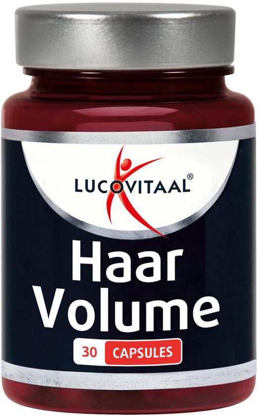 Roodbruin flesje met zilverkleurige dop, met daarop de tekst 'Haar Volume 30 CAPSULES'.