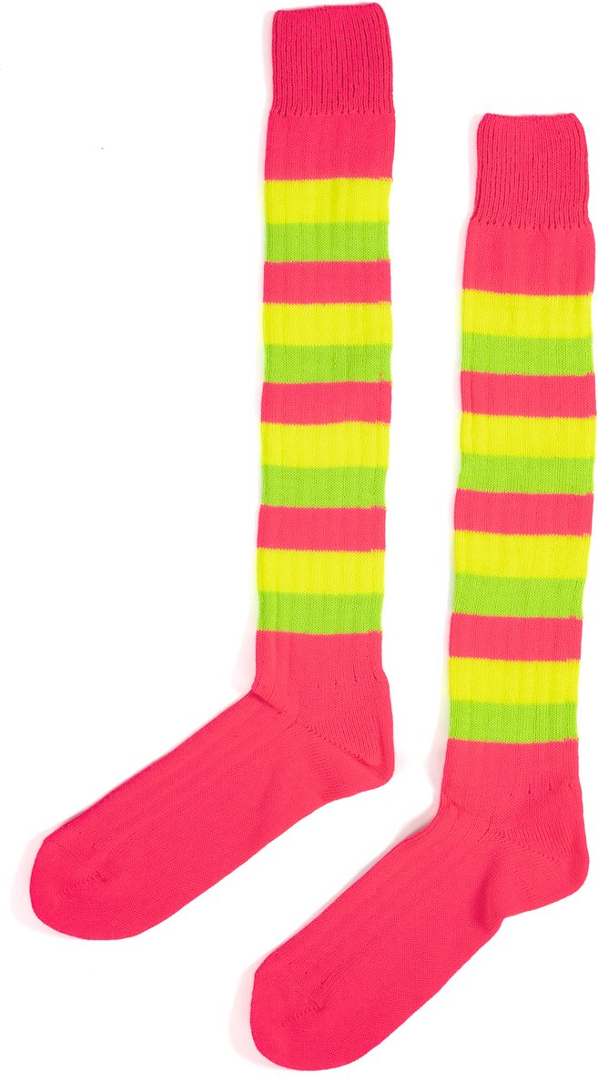 KIMU® Sokken Neon Roze Geel Groen Streepjes - 42-47 - Gebreid Carnaval Limburg Festival