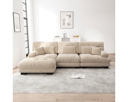 Pugsdrly Luxe modulaire hoekbank - Oversized Cloud-bank in L-vorm voor woonkamer, diepe slaapbank met poef, corduroy, lichtbruine chenille