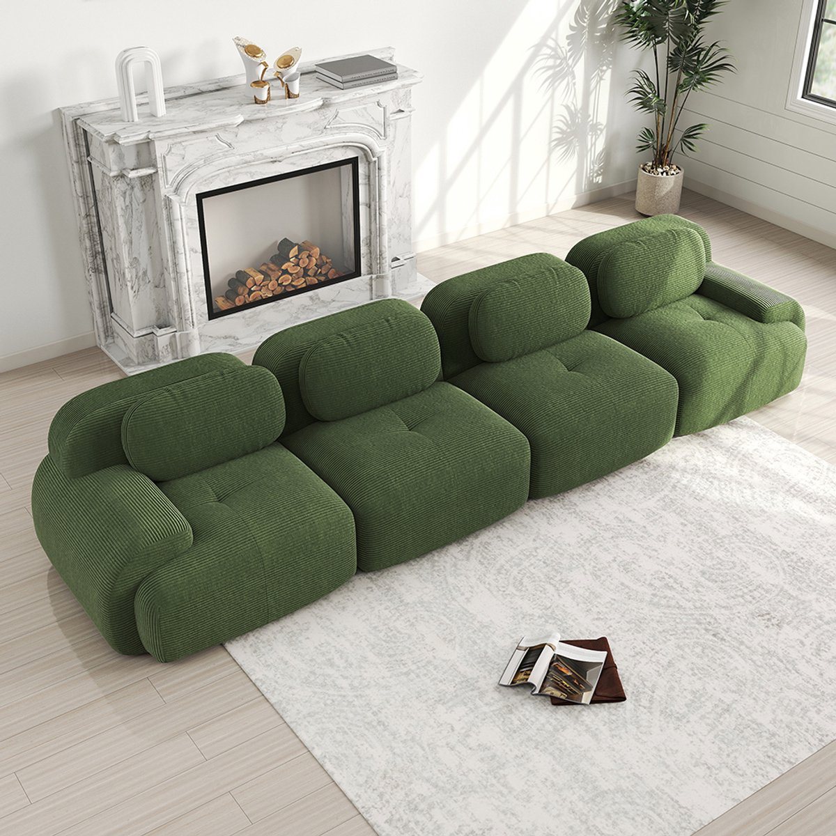Pugsdrly 4-zitsbank van zacht corduroy, zeer elastische 32D-vulling, huisdiervriendelijk en ergonomisch, vacuüm verpakt, vrij te combineren, zonder montage, voor slaapkamer en kantoor, groen