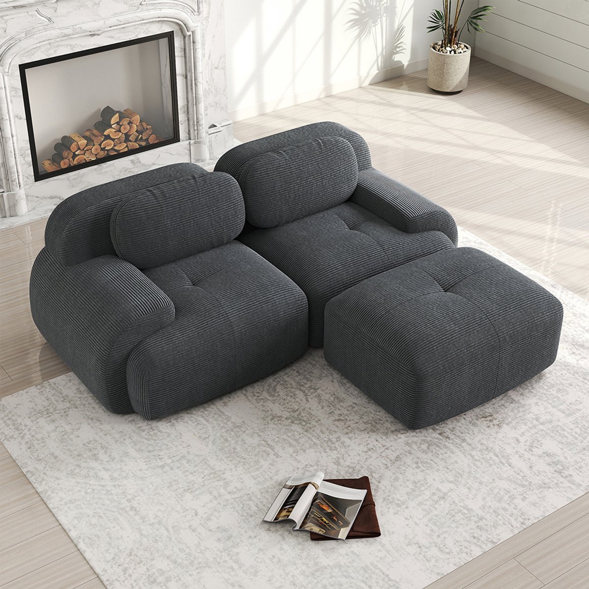Pugsdrly Hoekbank 82'' van zacht corduroy, modulair te combineren met gebogen armleuningen, zonder montage, hoogelastische schuimvulling voor de woonkamer, ontspanningsruimtes en slaapkamer, grijs