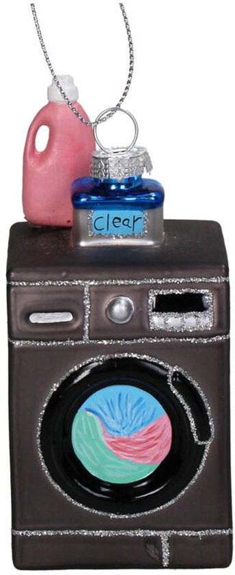 Kersthanger in de vorm van een donkerbruine wasmachine met glitters, met een roze fles wasmiddel en een blauw flesje "clear" erop.