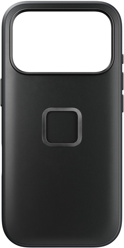 Zwarte Peak Design telefoonhoes met een vierkante magnetische knop in het midden op de achterkant.